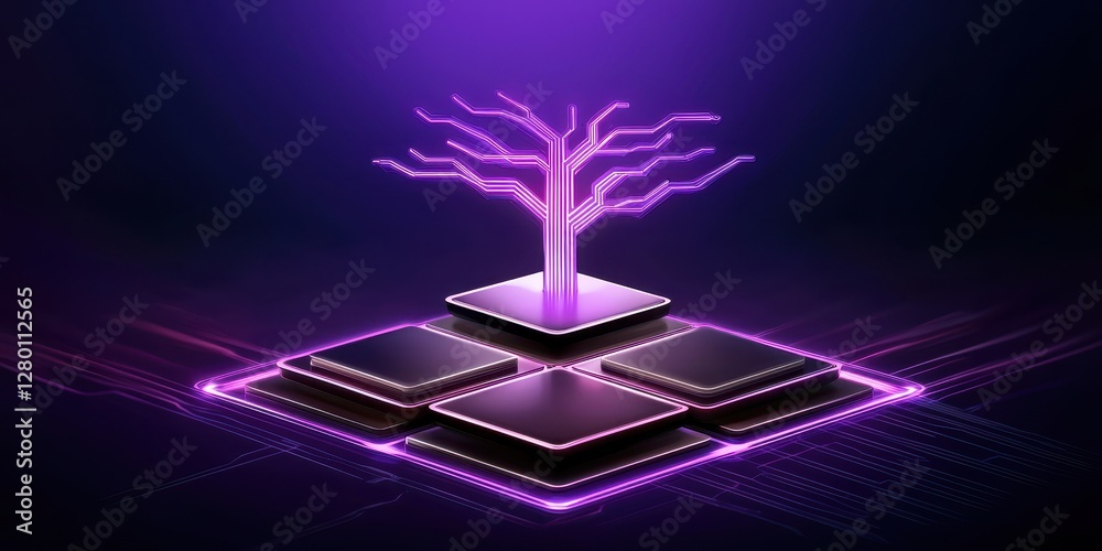 Poster A digital representation of a glowing circuit board with a tree-like structure, embodying themes of technology and growth in a vibrant purple hue.