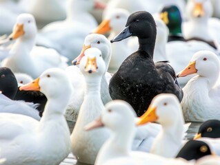 Obraz premium A lone black duck stands out among white ducks.