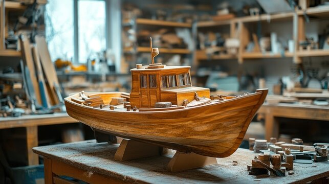 handcrafted wooden ship model displaying craftsmanship in a cluttered workshop environment