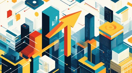 Abstract cityscape with upward arrows symbolizing growth and innovation in a vibrant setting