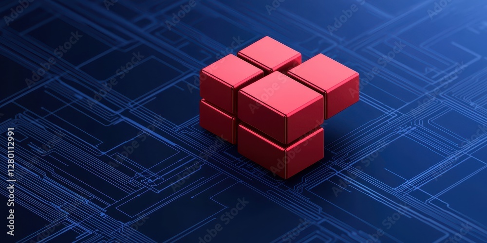 Poster a vibrant red block structure sits against a blue geometric background, suggesting themes of creativ