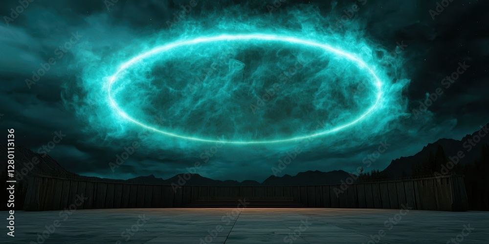 Poster A glowing turquoise halo appears in a dark sky, creating a mysterious and surreal atmosphere over a tranquil landscape.