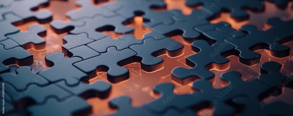 Aufkleber a close-up view of black puzzle pieces interlocked, revealing a warm glow underneath, emphasizing th