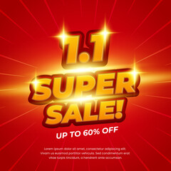 1.1 Super Sale Premium Red-Themed Sale Banner Design with Bold 3D Text and Shiny Golden Effects for Promotions banner Templates