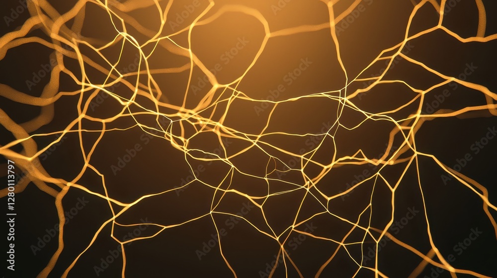Poster Abstract image of interconnected golden lines resembling neural networks, set against a dark background, evoking a sense of depth and complexity.