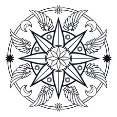 Intricate Mandala Art: Celestial Wings, Stars, and Crescent Moons - Detailed Vector Illustration for Coloring Pages & Spiritual Designs