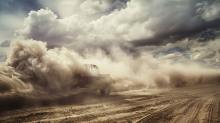 Car Speeds Through Dusty Off-Road Trail, Capturing Adventure and Thrill