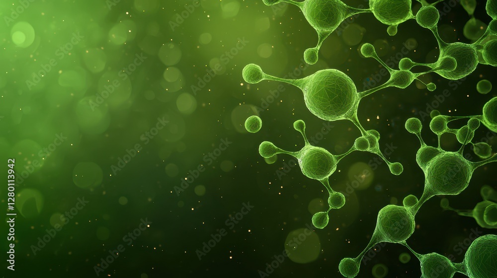 Poster A vibrant green background with abstract molecules and particles, conveying a sense of scientific exploration and cellular structures.