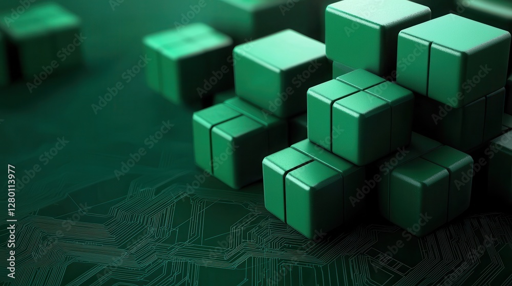 Poster A close-up view of green 3D blocks arranged on a textured surface, creating a modern, abstract visual.