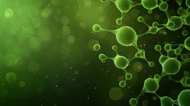 A vibrant green background with abstract molecules and particles, conveying a sense of scientific exploration and cellular structures.