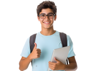 Happy young boy with a backpack and tablet isolated on a white background