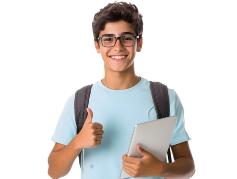 Happy young boy with a backpack and tablet isolated on a white background