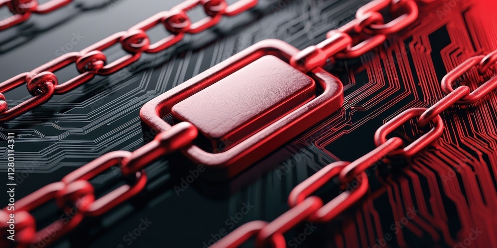 Poster A close-up of a red chain linked to a metallic padlock against a circuit board background, symbolizing security and technology.