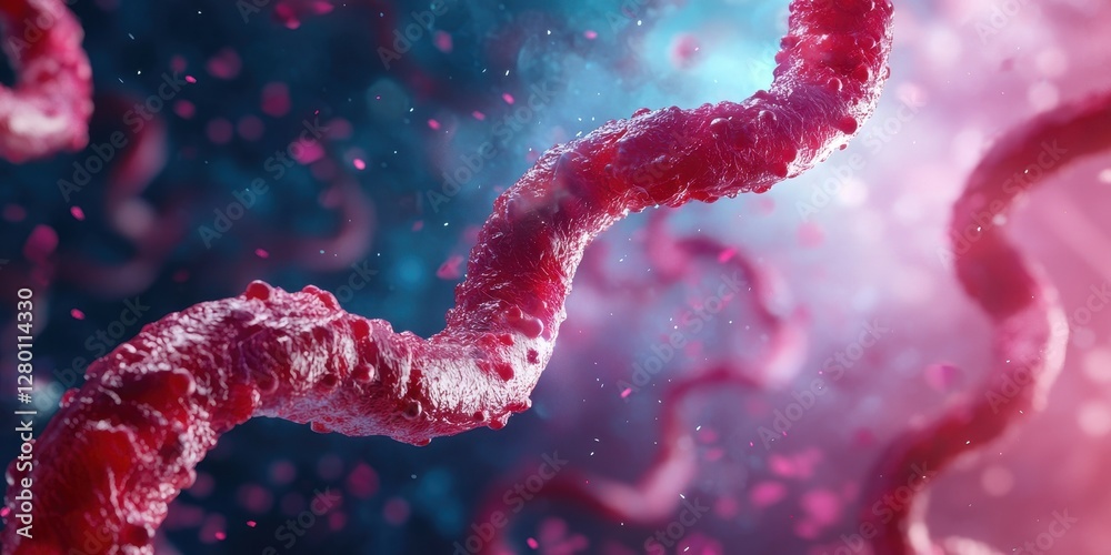 Poster a vibrant, abstract depiction of twisting, red cells against a colorful backdrop, suggesting a dynam