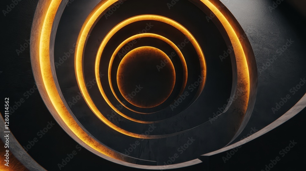 Poster a mesmerizing spiral tunnel illuminated by warm orange lights, creating a striking contrast with the