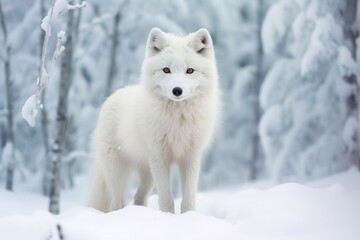 Fototapeta premium Arctic fox standing in a snowy forest during winter season
