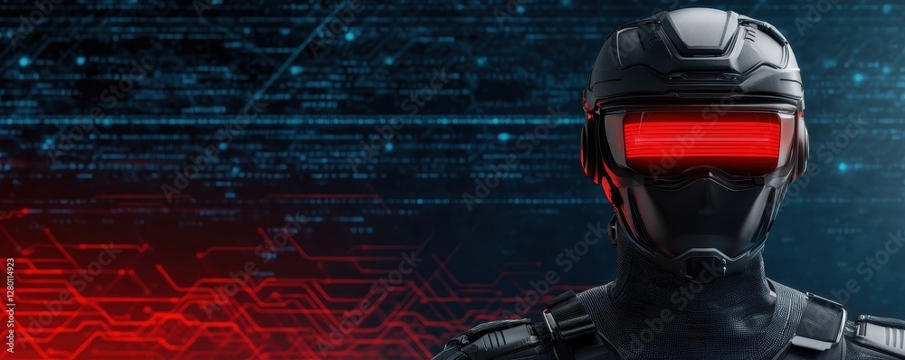 Poster a futuristic robotic figure with red glowing visor stands against a digital backdrop, combining elem