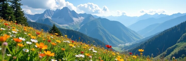 Delicate wildflowers paint a hillside, towering mountains create a breathtaking backdrop , range, scenery