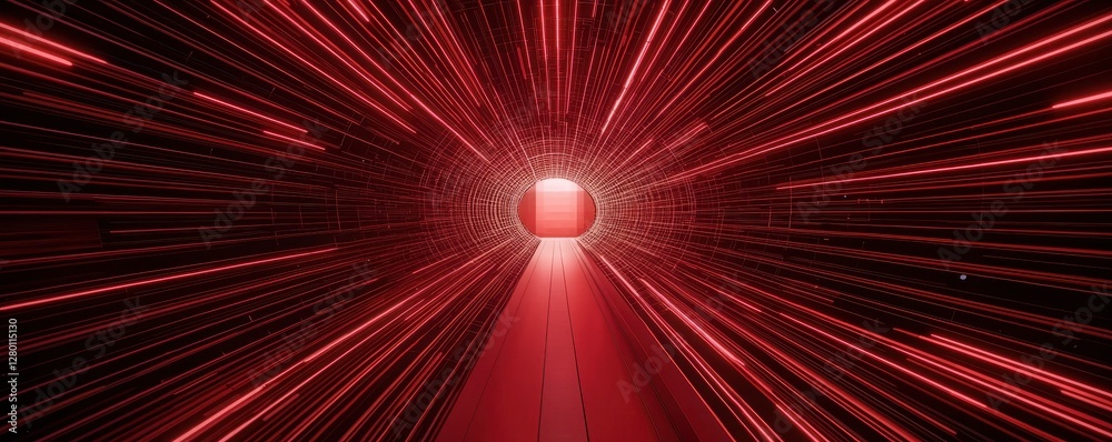 Poster A vivid tunnel of red light streaks towards a bright exit, creating a sense of motion and depth in a digital or futuristic environment.