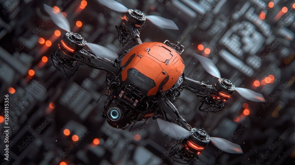 Aufkleber a futuristic orange drone hovers above a complex, high-tech environment filled with intricate patter