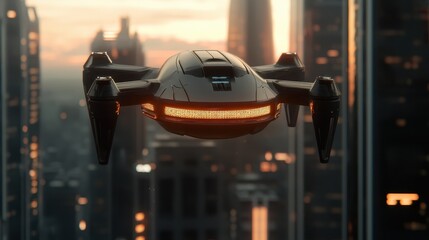 A futuristic drone hovers above a city skyline at sunset, showcasing advanced technology and sleek design amid towering skyscrapers.