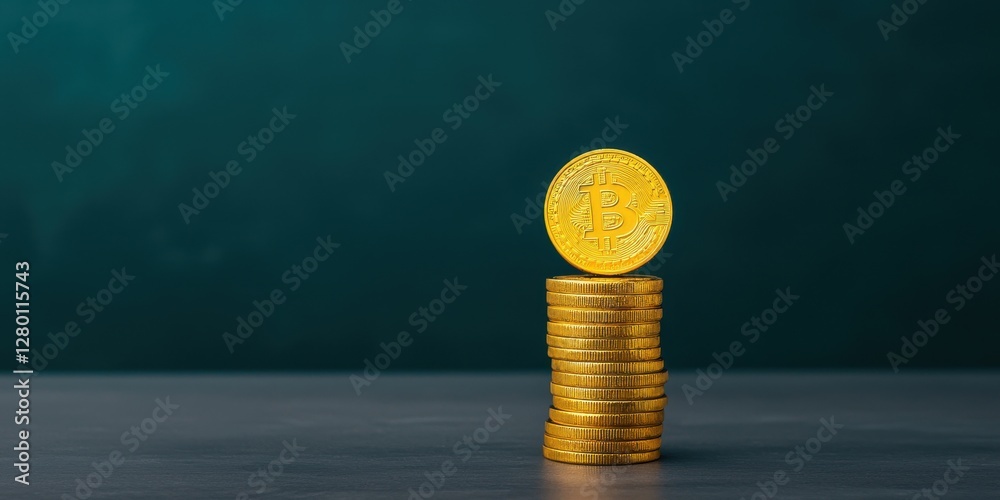 Poster a stack of shiny gold coins is arranged vertically against a dark green background, highlighting wea