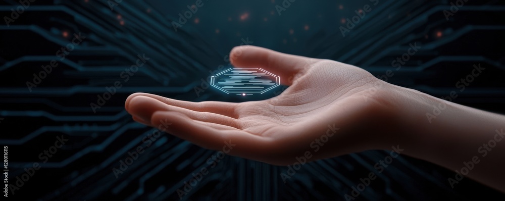 Aufkleber a futuristic hand holds a glowing digital orb, surrounded by a dark, circuit-patterned background, s