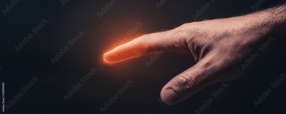 Poster a hand with a glowing fingertip reaches out in a dark setting, symbolizing connection and energy.