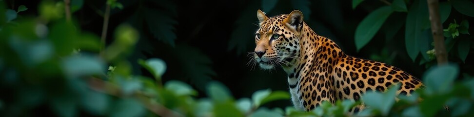 Obraz premium Close-up leopard in dense tropical vegetation, black background, asia, nature photography, wildlife photography