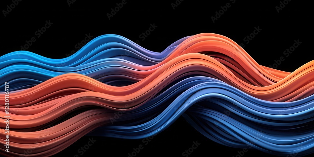 Poster a vibrant wave pattern in shades of blue and orange against a dark background, showcasing fluid moti