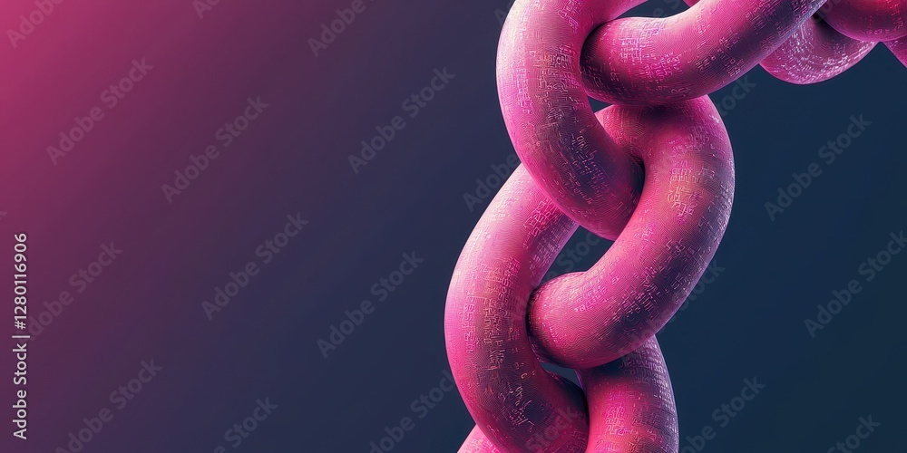 Poster a vibrant, close-up image of a metallic chain link, showcasing a pink hue against a dark background,