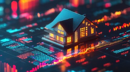 modern miniature house glowing amidst vibrant data matrix showcasing real estate technology trends