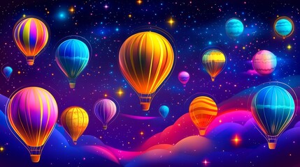 Naklejka premium Pixelated air balloons soaring through a vibrant starry sky whimsical digital art creating an atmosphere of wonder and adventure