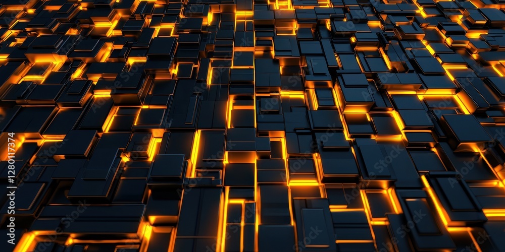 Poster Abstract digital pattern featuring interlocking dark shapes illuminated by glowing orange lines, creating a futuristic, high-tech appearance.