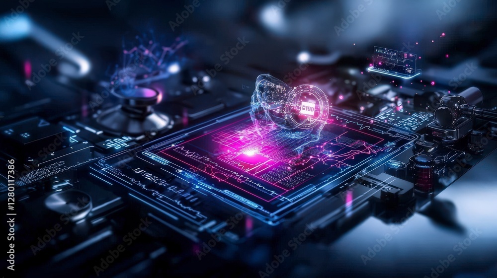 Poster Advanced digital assistant analyzing glowing circuitry virtual environment tech visualization futuristic concept