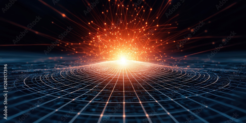 Poster A vibrant explosion of light and energy emanates from a central point, surrounded by a grid pattern, creating a dynamic cosmic effect.
