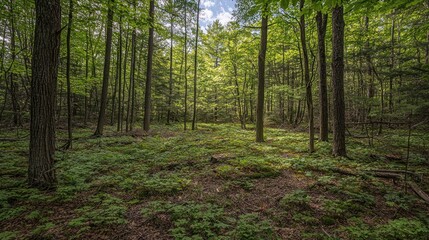 Obraz premium Sun-dappled forest path with lush green undergrowth.