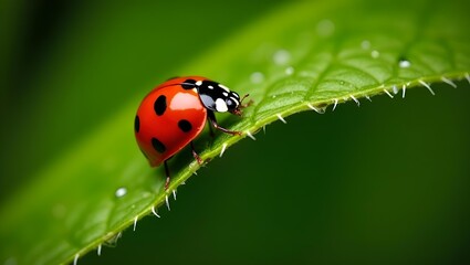 Fototapeta premium Close-Up of a Ladybug Crawling on a Green Leaf
