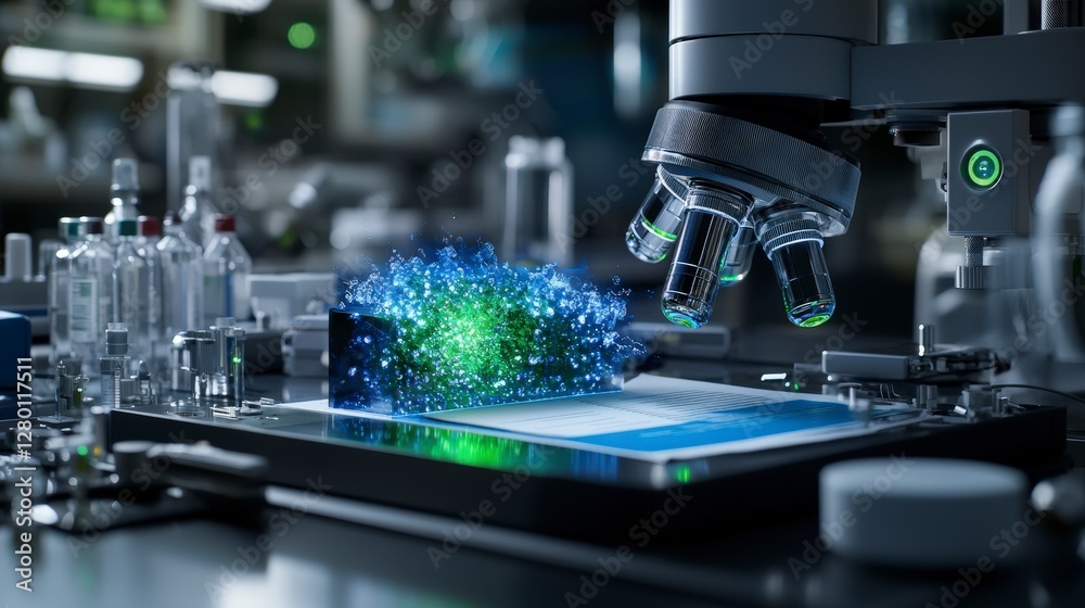 Poster Advanced security system protecting holographic technology in laboratory environment microscopic view science concept