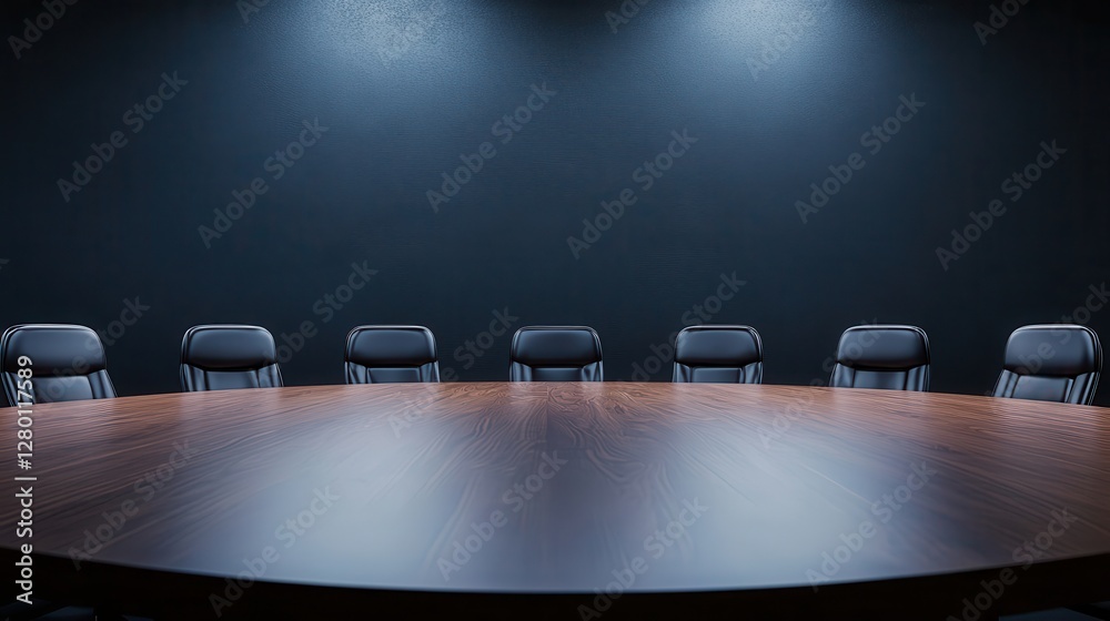 Aufkleber a modern conference room featuring a large round table and several empty chairs, illuminated by soft
