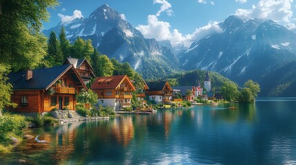 Fototapeta premium Tranquil Austrian village by mountain lake high resolution hd picture