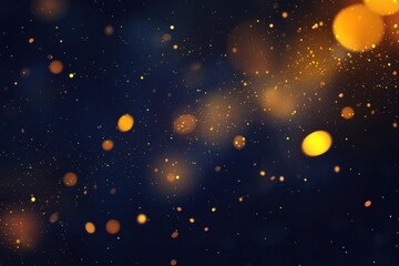 Abstract dark blue background with golden bokeh lights and sparkles.