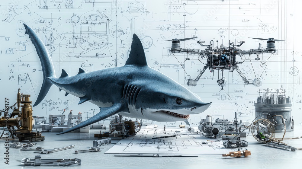 Poster Innovative shark inventor creating advanced underwater technology in a workshop environment with engineering concepts
