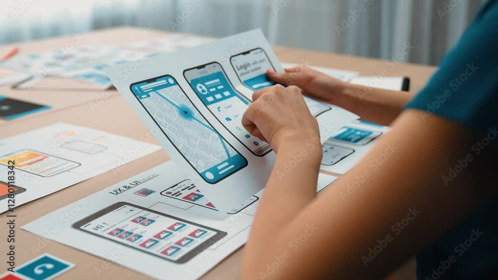 Poster startup company employee planning for user interface prototype for mobile application or website in 