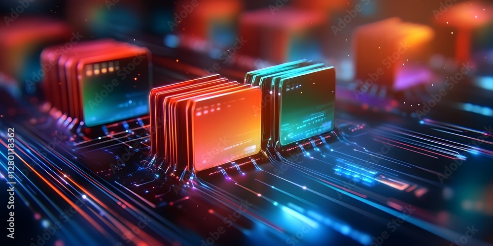Poster futuristic action of abstract network grid with files and folders digital environment technological 