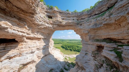 Natural archway in cave, panoramic view of valley. Possible stock use scenic view