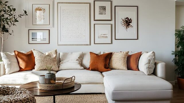 A cozy living room with a sectional sofa, decorative pillows, and a gallery wall of family photos.