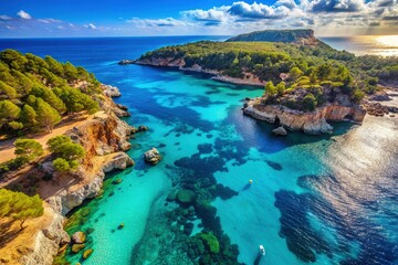 Fototapeta premium Aerial View of Ibiza Coastline: Stunning Drone Shot of Beaches and Cliffs