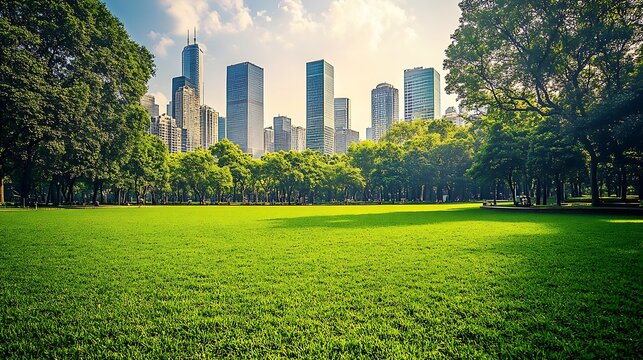 A grassy park with skyscrapers and beautiful blue sky above
