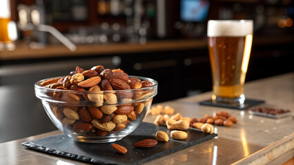 Roasted and spiced nut snacks with beer in a cozy bar setting.